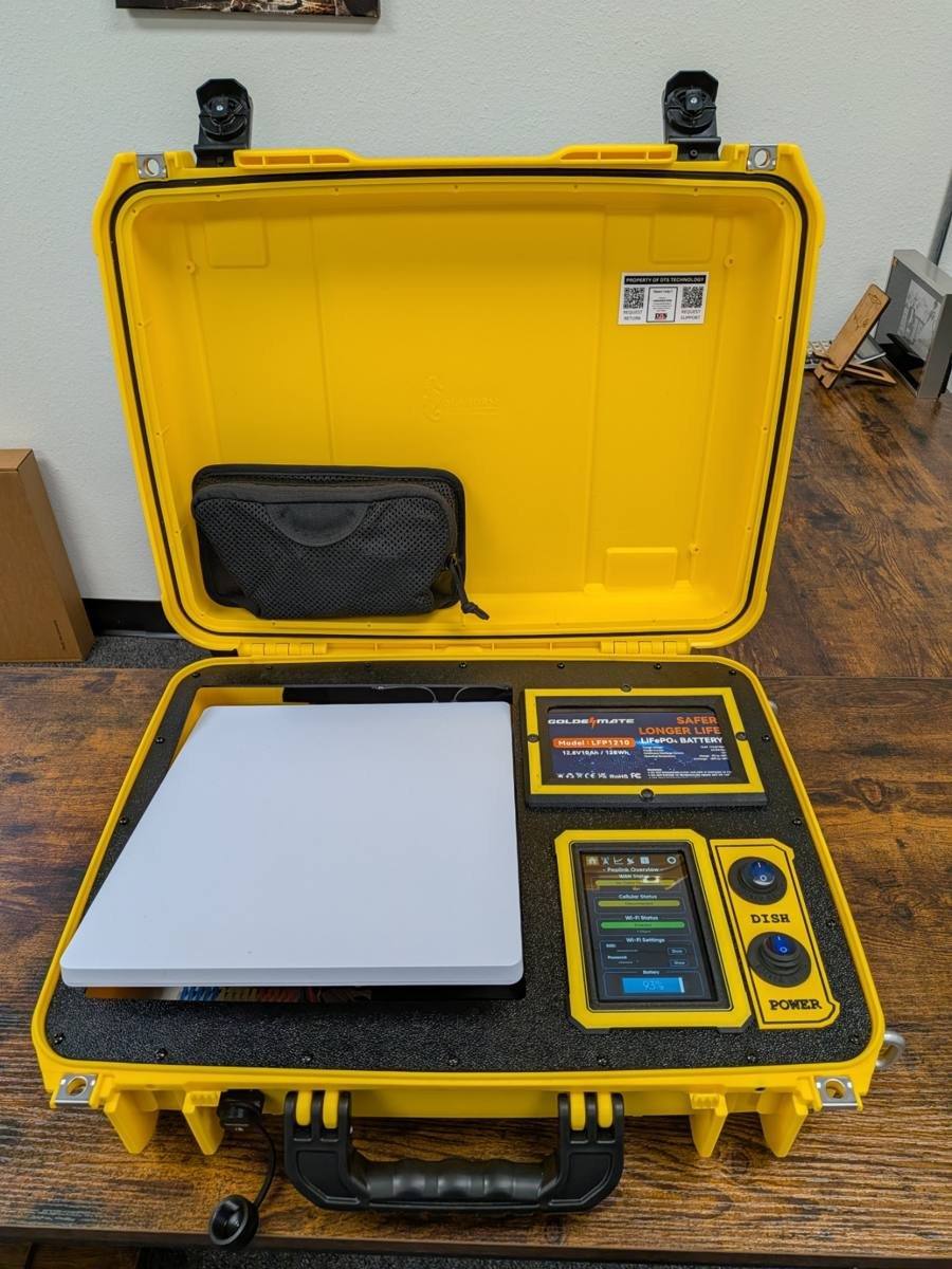 MobileLinQ kit open, showing Starlink Mini antenna and touch screen controls