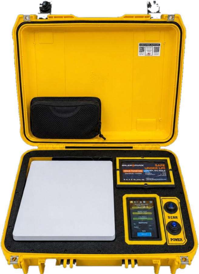 Open yellow MobileLinQ kit with Starlink Mini antenna and touch screen